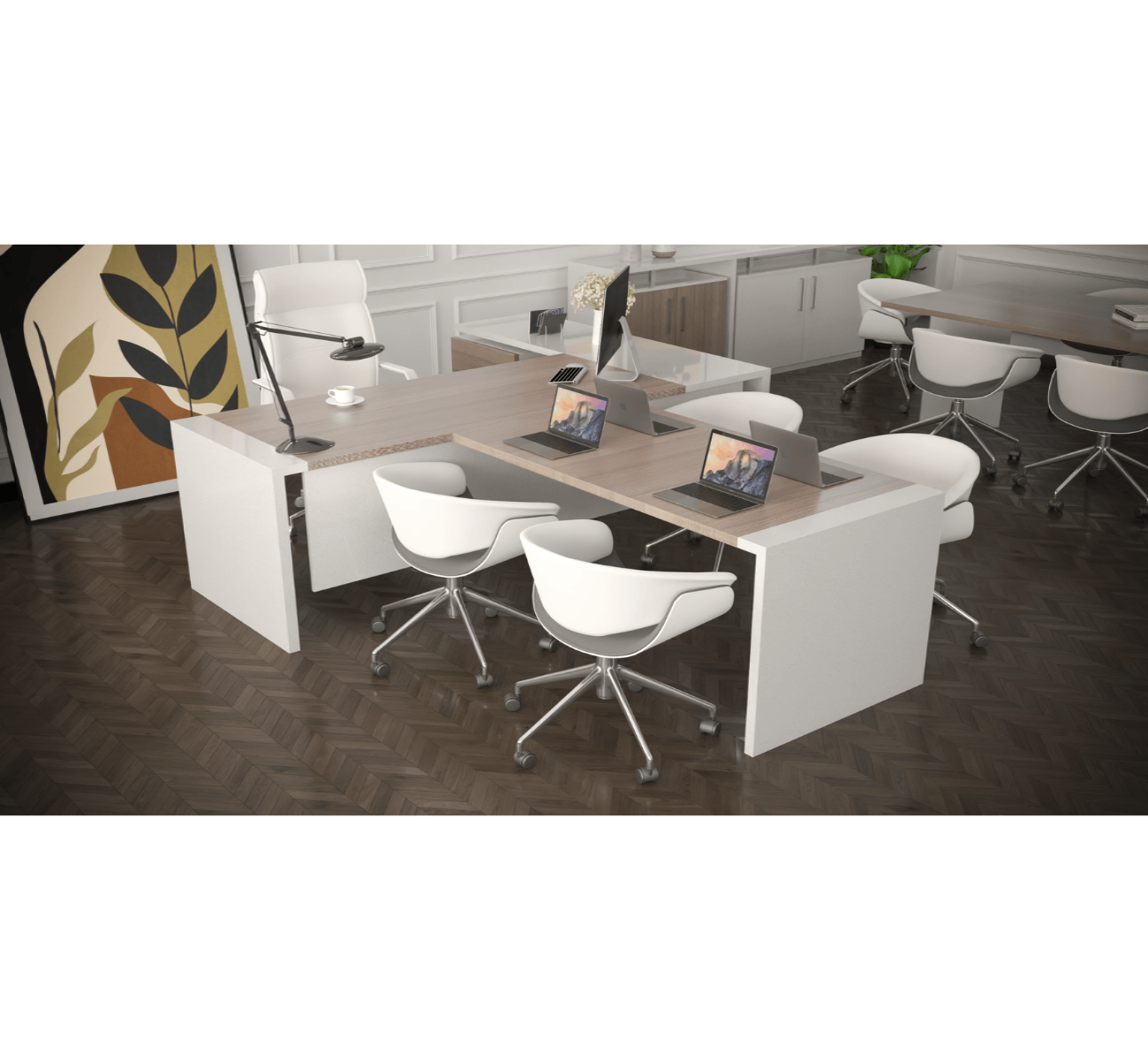 Multi Executive Desk with Side Unit and Integrated Meeting Table