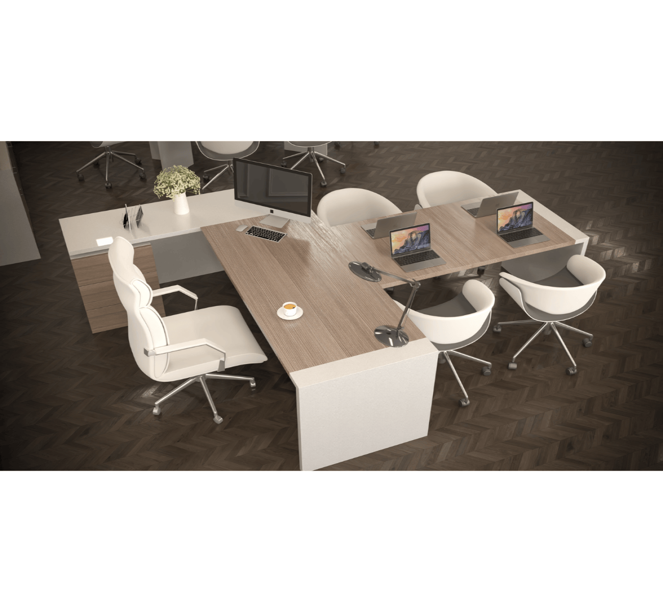 Multi Executive Desk with Side Unit and Integrated Meeting Table